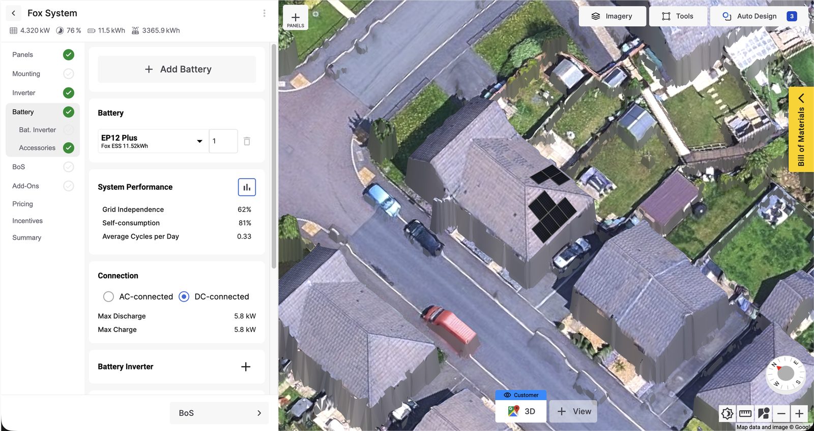 A 3D model of a customer's roof with the solar panels laid out, designed in OpenSolar
